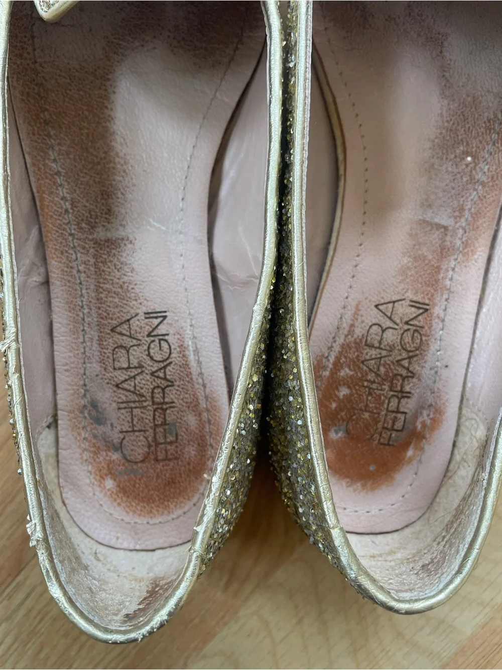 Chiara Ferragni Gold Glitter Loafers with Hot Dog & Rocket Patches